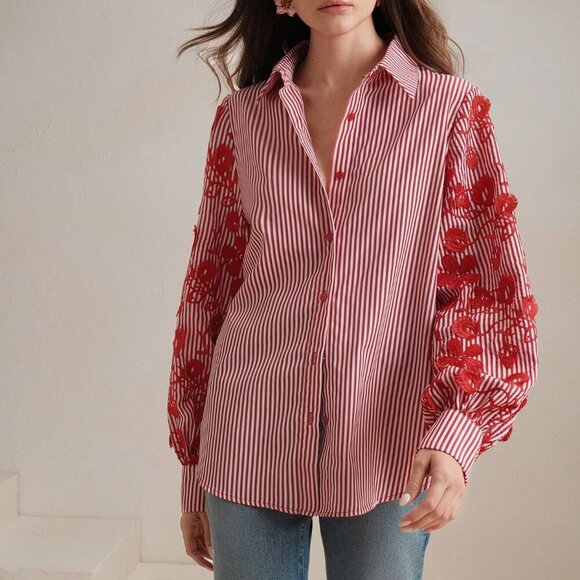Multicolor Casual Women's Loose & Striped Patchwork Embroidered Shirt - Picture 6 of 8
